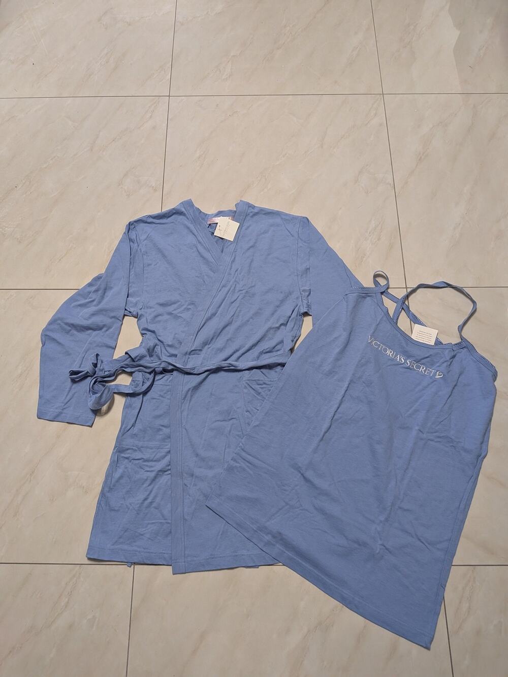 Victoria's Secret Robe Gown Set Womens S Blue Cotton Jersey Sleepwear Lounge